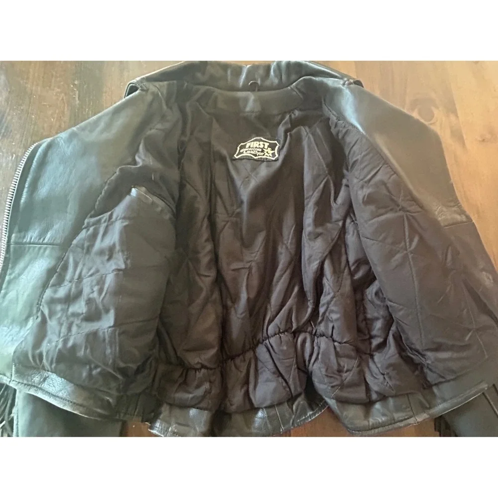Vintage 90s First Genuine Leather Fringe Biker Jacket Black Western Moto Belted - Picture 4 of 8